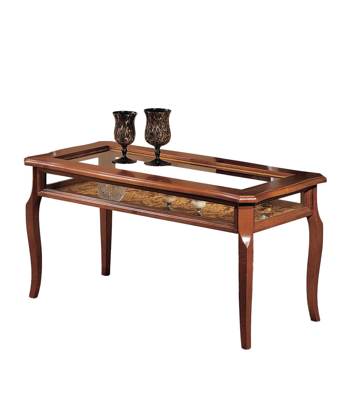 MOBILI 2G - TAVOLINO BACHECA ARTE POVERA VETRO E LEGNO TINTA NOCE L.100 P.50 H.50