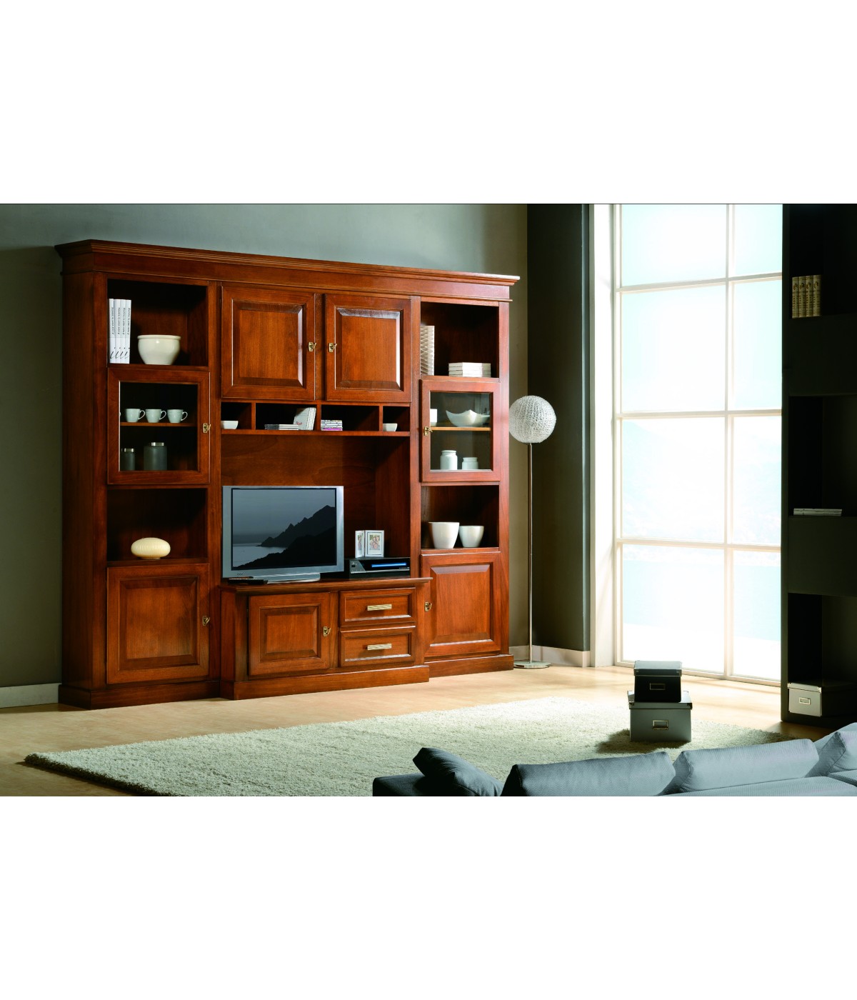 MOBILI 2G - PARETE ATTREZZATA PORTA TV IN LEGNO TINTA NOCE L.280 P.50 H.230