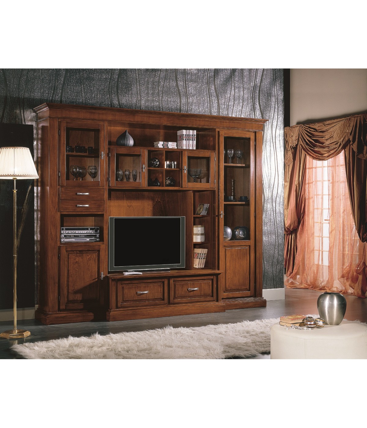 MOBILI 2G - PARETE ATTREZZATA PORTA TV ARTE POVERA IN LEGNO TINTA NOCE L.283 P.55 H.231