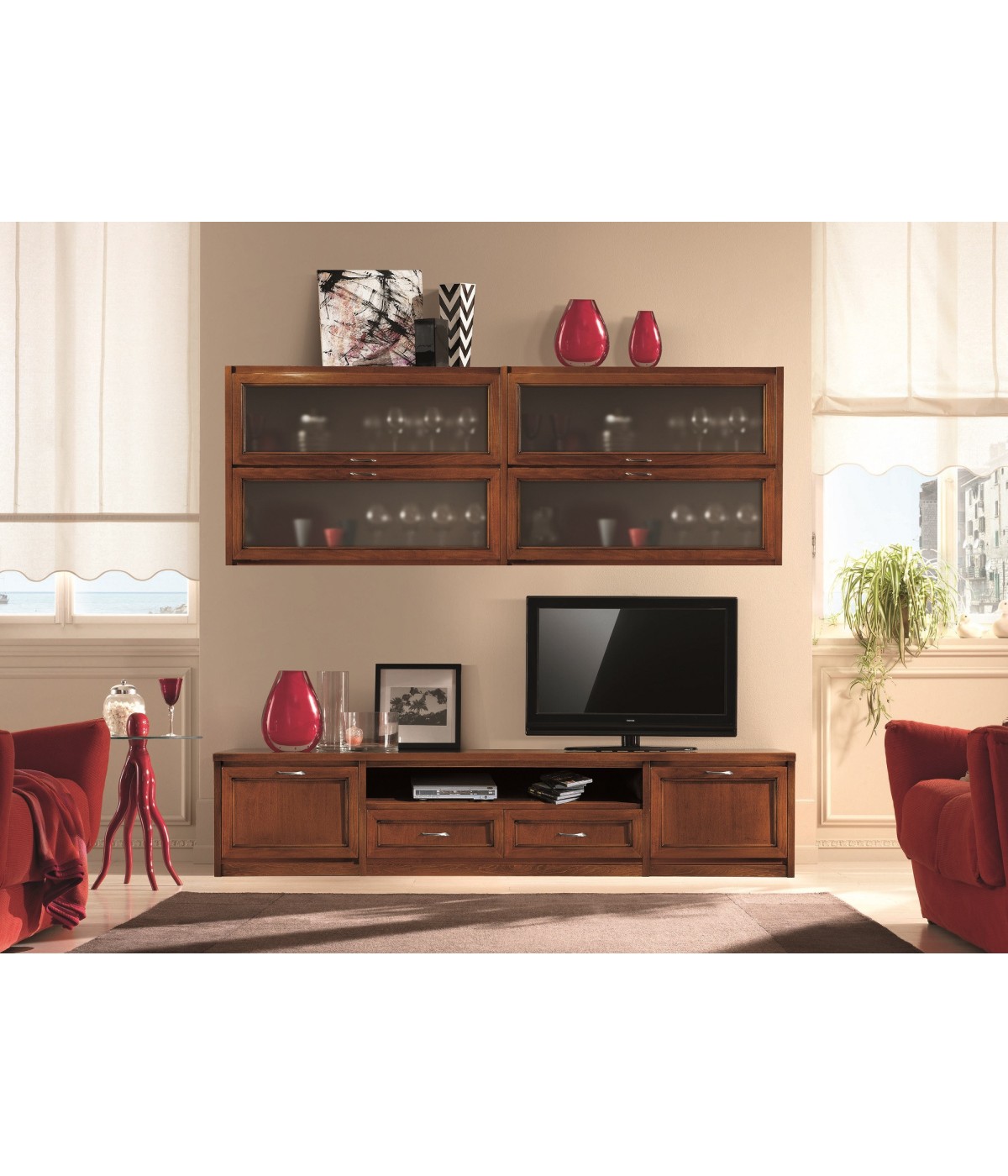 MOBILI 2G - PARETE ATTREZZATA PORTA TV IN LEGNO TINTA NOCE  L.212 P.36/60