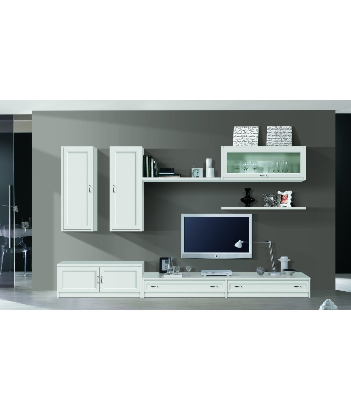 MOBILI 2G - PARETE ATTREZZATA PORTA TV IN LEGNO BIANCO L.315 P.36/60 H.220
