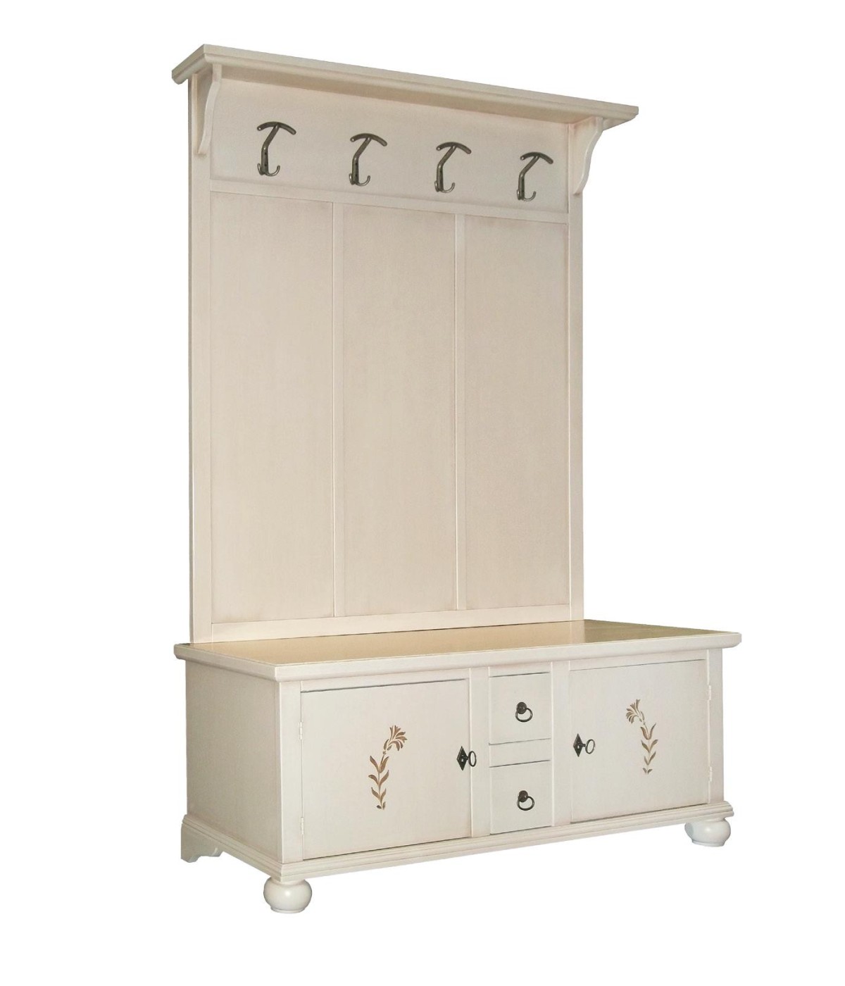 MOBILI 2G - ATTACCAPANNI CASSAPANCA CLASSICA IN LEGNO AVORIO CON DECORI L.121 x P.45 H.190