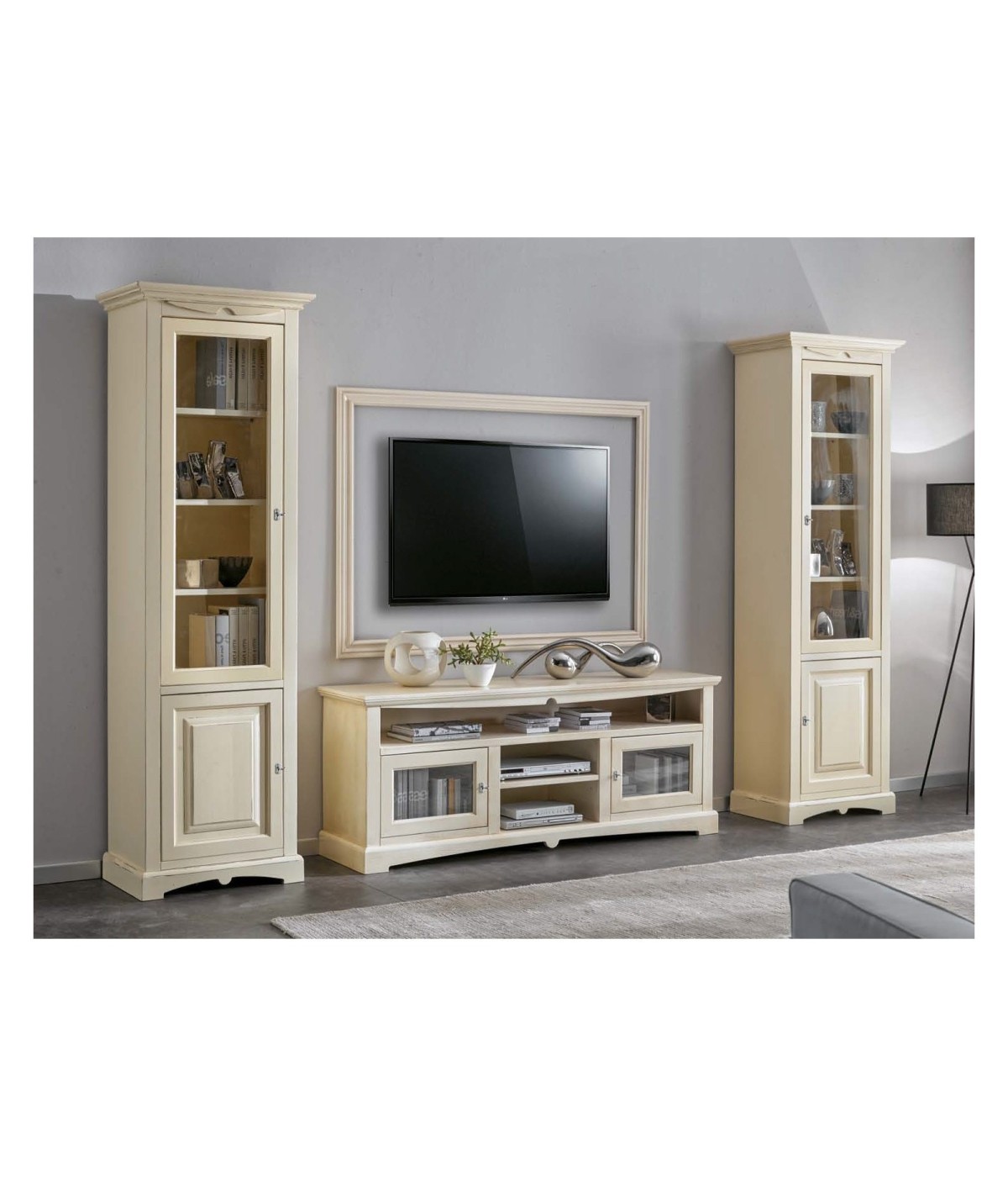 MOBILI 2G - MOBILE PORTA TV CLASSICO CON 2 VETRINE IN LEGNO AVORIO