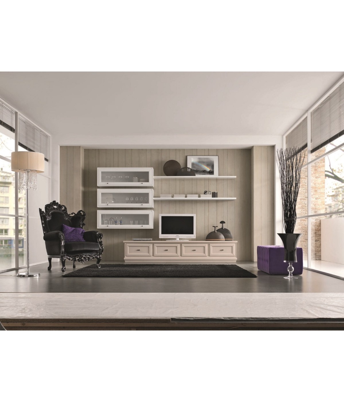 MOBILI 2G - PARETE ATTREZZATA PORTA TV IN LEGNO MASSELLO L 301 P 56\42 H 217