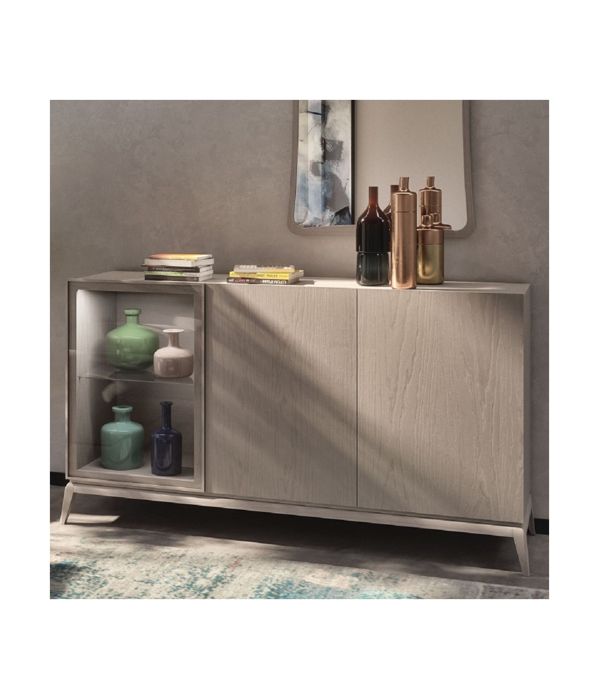 MOBILI 2G - MADIA CREDENZA MODERNA IN LEGNO MASSELLO 3 ANTE GRIGIO PERLA 185X49X99