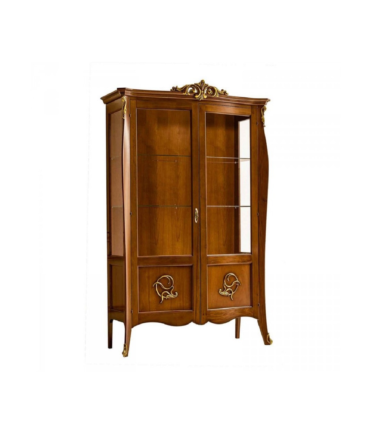 MOBILI 2G - VETRINA IN LEGNO ARTE POVERA 2 PORTE TINTA NOCE/ORO 130X50X212