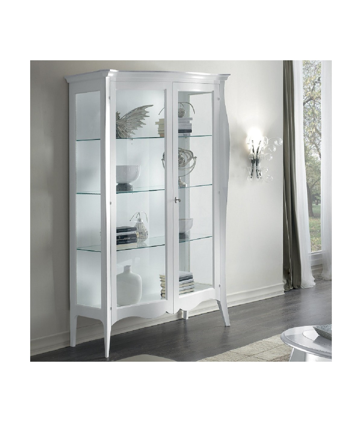 MOBILI 2G - VETRINA IN LEGNO ARTE POVERA 2 PORTE BIANCO 130X50X200