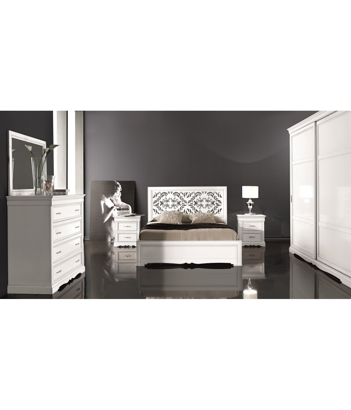 MOBILI 2G - CAMERA COMPLETA IN LEGNO MASSELLO ARTE POVERA FINITURA BIANCO VISTA FRONTALE LETTO