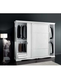 MOBILI 2G - CAMERA COMPLETA IN LEGNO MASSELLO ARTE POVERA FINITURA BIANCO VISTA FRONTALE ARMADIO APERTO