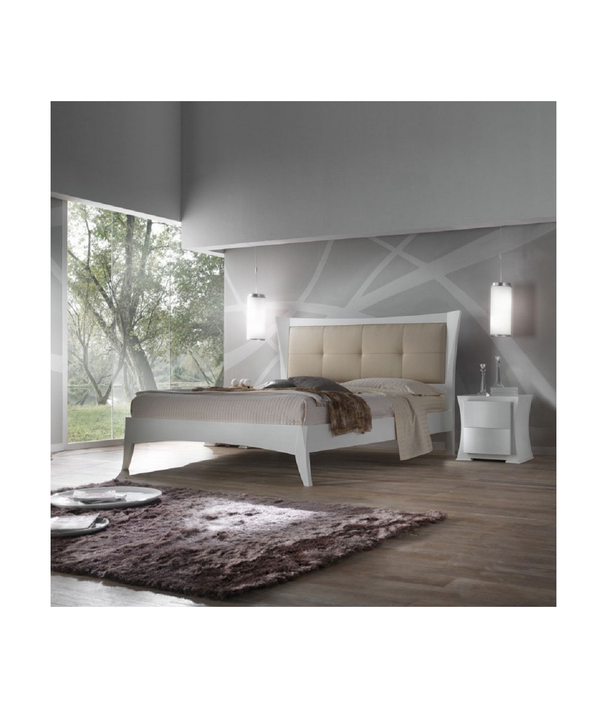 MOBILI 2G - LETTO MATRIMONIALE MODERNO TESTATA ECOPELLE E LEGNO BIANCO  183x213x132