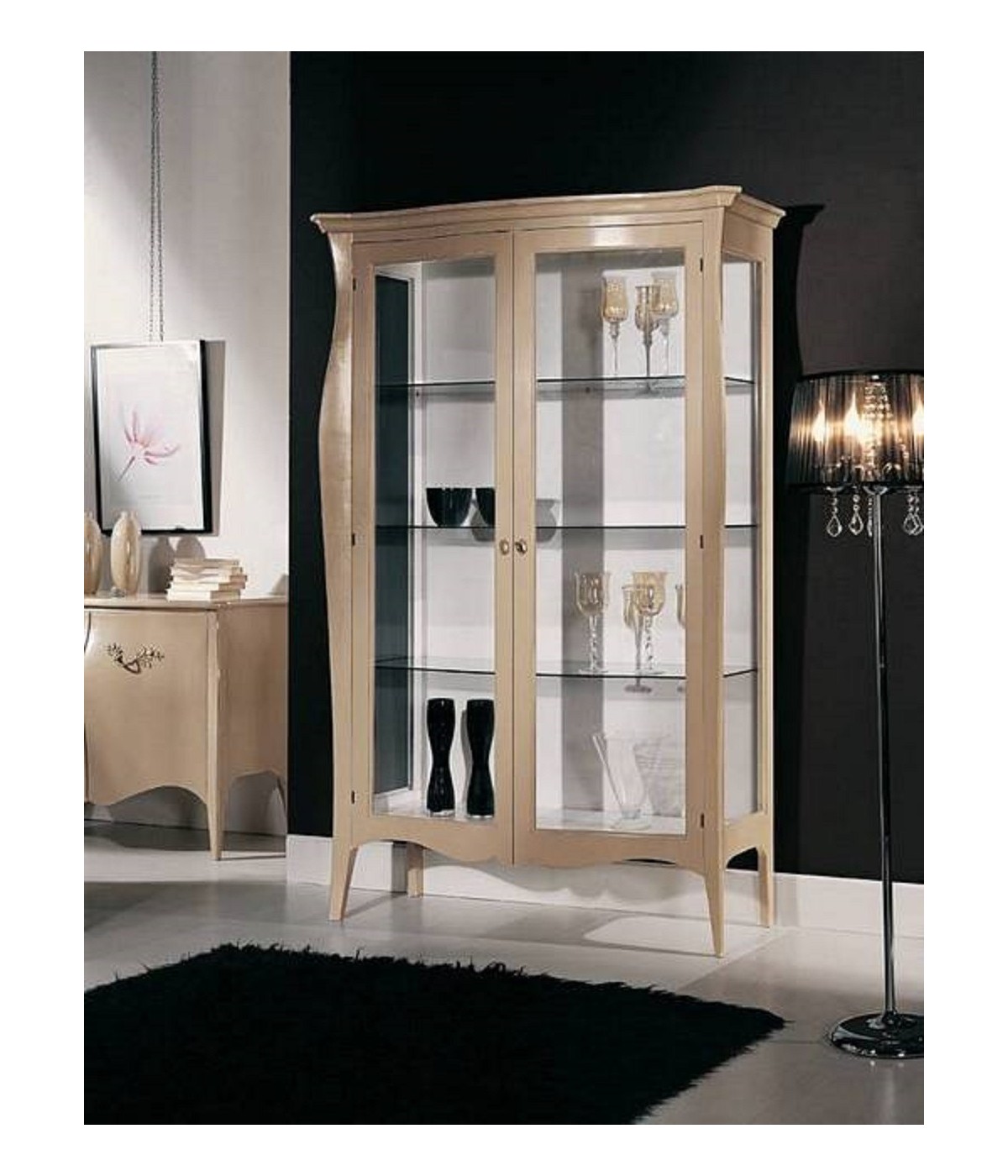 MOBILI 2G - VETRINA CLASSICA IN LEGNO 2 PORTE AVORIO 130X50X200