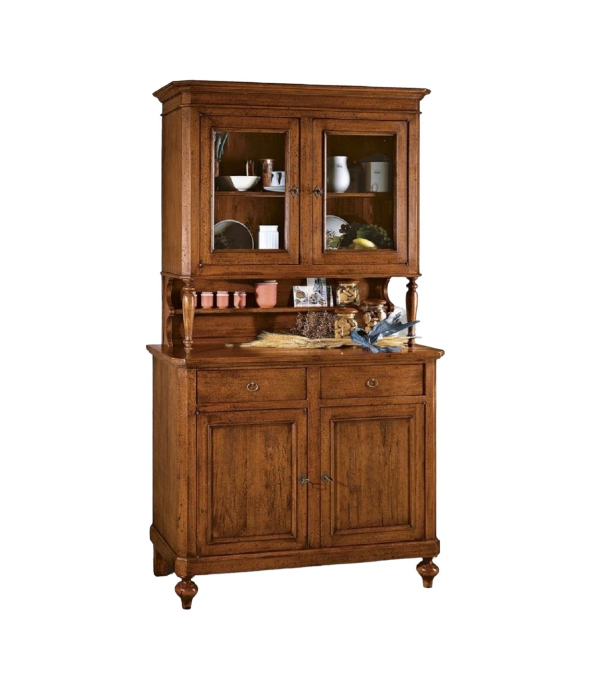 MOBILI 2G - CRISTALLIERA NAPOLETANA IN LEGNO MASSELLO 4 PORTE 2 CASSETTI TINTA NOCE L.116 P.49 H.206 VISTA FRONTALE