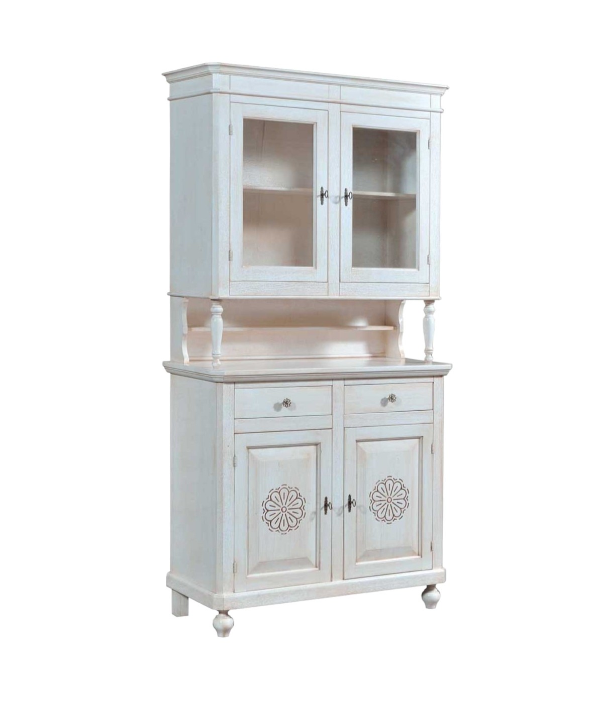 MOBILI 2G - Cristalliera 2 ante legno massello bianco invecchiato L.104 P.43 H.208 vista frontale