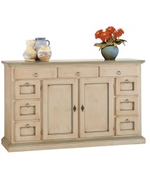 MOBILI 2G - MADIA CREDENZA LEGNO 2 ANTE 9 CASSETTI SHABBY AVORIO PATINATO FILO VERDE 160X45X95 (984) VISTA FRONTALE
