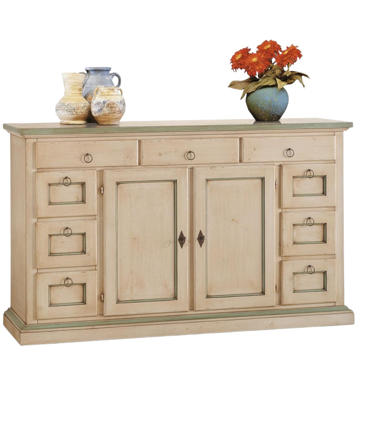 MOBILI 2G - MADIA CREDENZA LEGNO 2 ANTE 9 CASSETTI SHABBY AVORIO PATINATO FILO VERDE 160X45X95 (984) VISTA FRONTALE