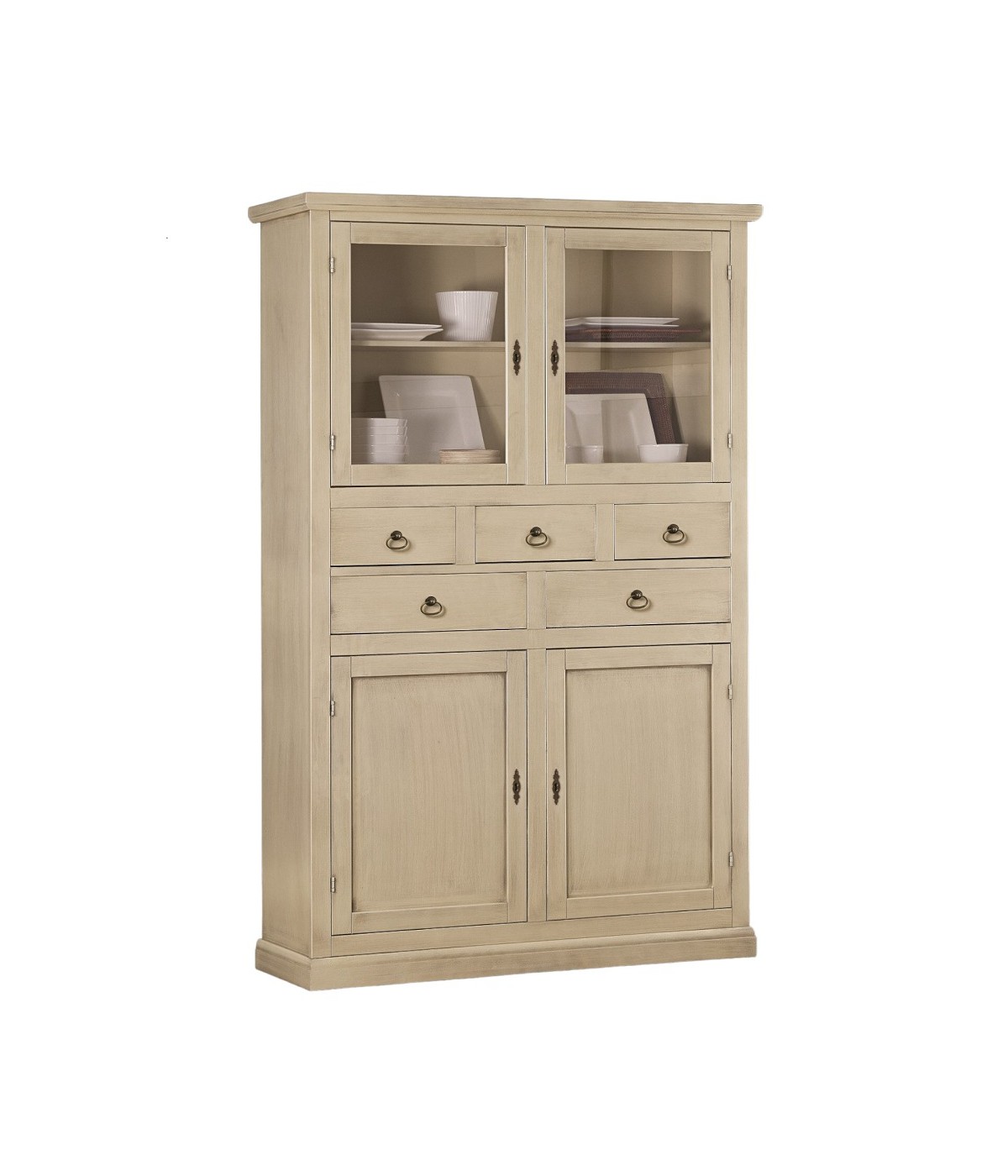 MOBILI 2G - DISPENSA CLASSICA 4 PORTE E 5 CASSETTI LEGNO AVORIO PATINATO 120x41x187 vista frontale