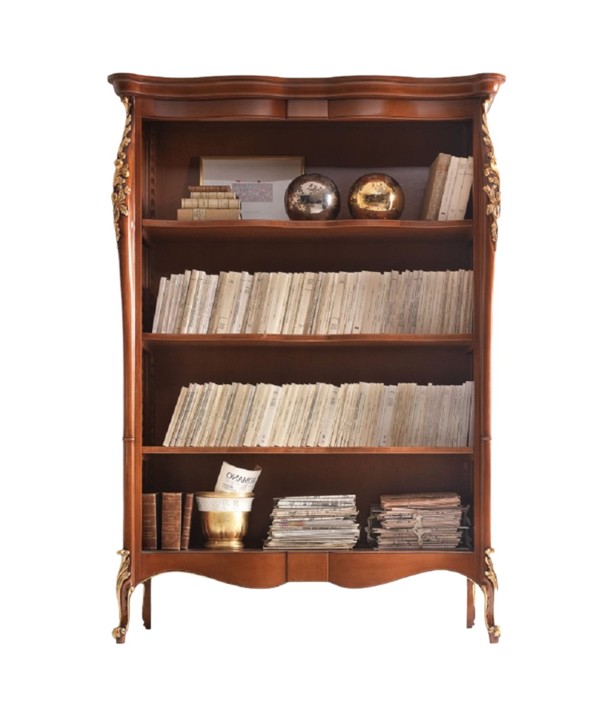 MOBILI 2G - LIBRERIA CLASSICA SAGOMATA IN LEGNO TINTA NOCE L.145 P.50 H.203