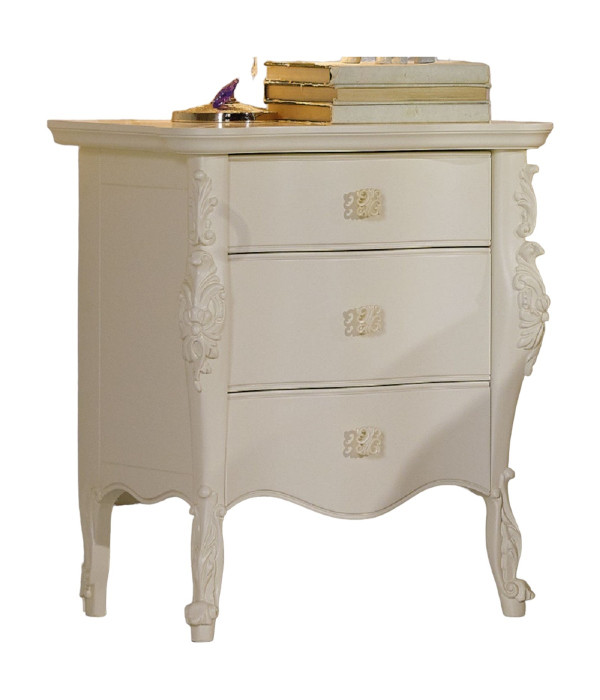 MOBILI 2G - COMODINO CLASSICO 3 CASSETTI IN LEGNO BIANCO L.56 P.41 H.68