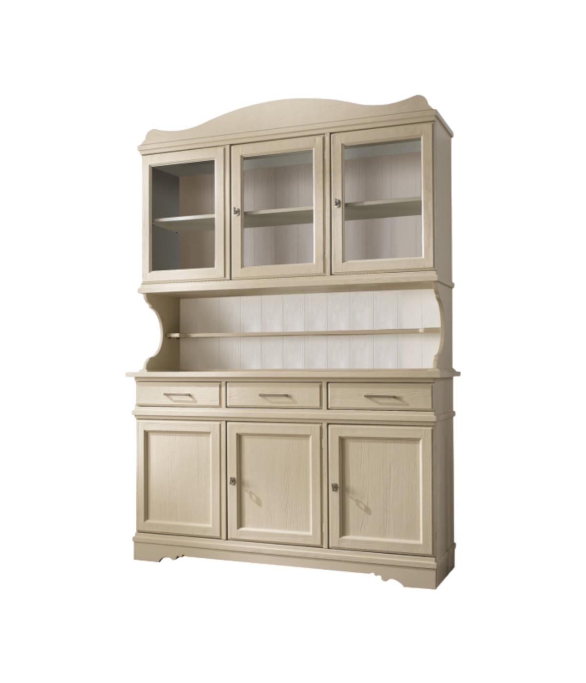 MOBILI 2G - CRISTALLIERA SHABBY IN LEGNO MASSELLO 6 ANTE 3 CASSETTI AVORIO OPACO L.155 P.52 H.213