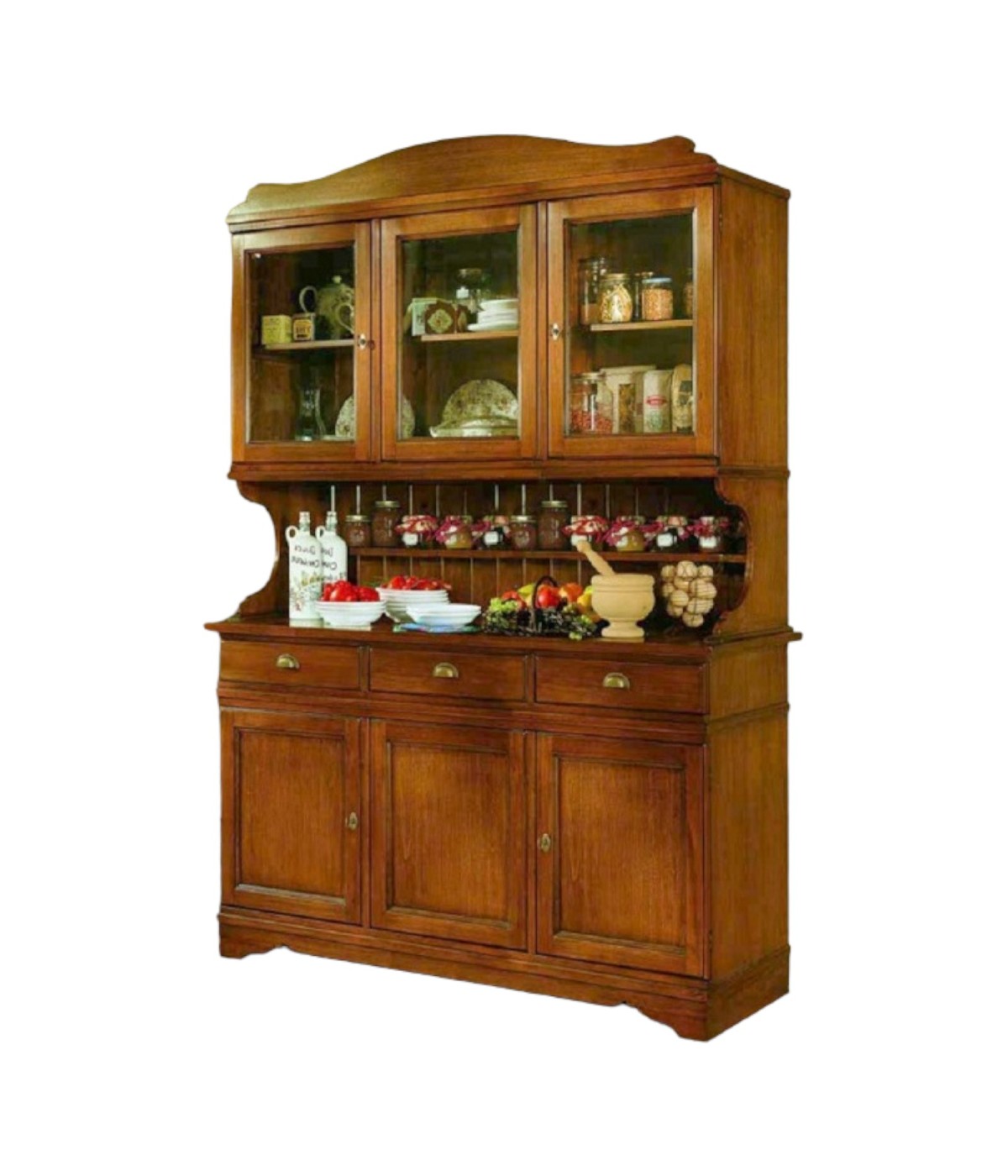 MOBILI 2G - CRISTALLIERA IN LEGNO MASSELLO 6 ANTE 3 CASSETTI TINTA NOCE L.155 P.52 H.213