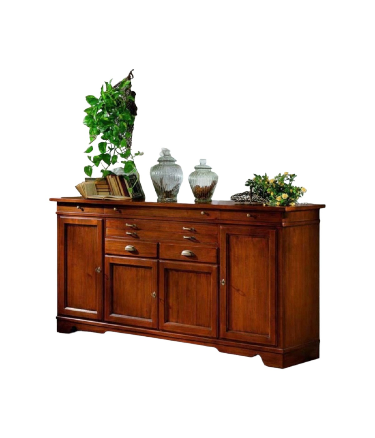 MOBILI 2G - MADIA CREDENZA IN LEGNO MASSELLO 4 PORTE 7 CASSETTI TINTA NOCE L.222 P.52 H.108