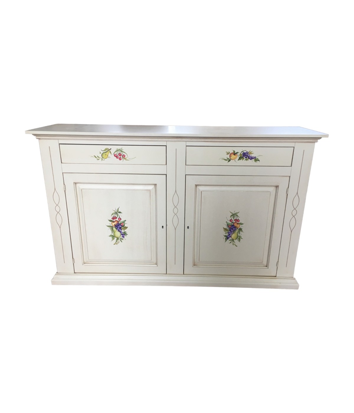 MOBILI 2G - CREDENZONE IN LEGNO BIANCO INVECCHIATO CON DECORI MISURA L.177 P.48 H.110