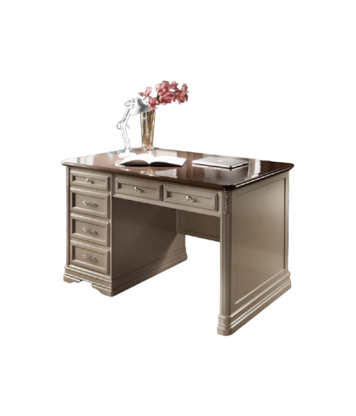 MOBILI 2G - SCRIVANIA 6 CASSETTI IN LEGNO LACCATO GRIGIO/MARRONE L.140 P.85 H.82