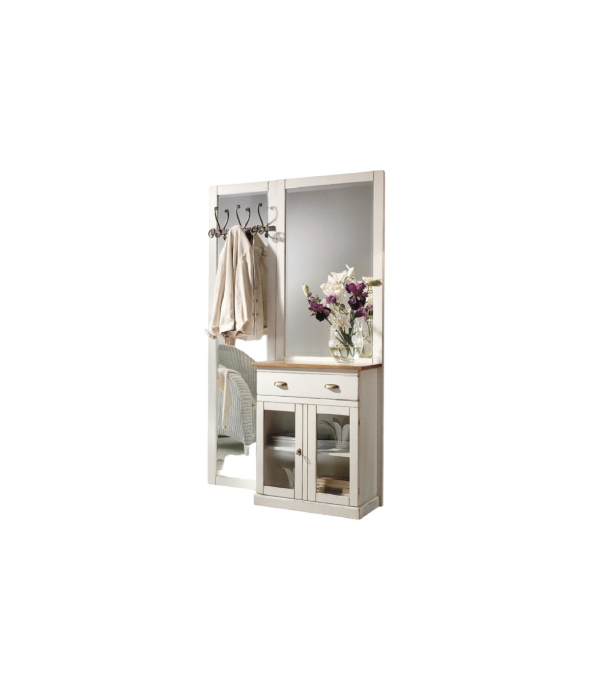MOBILI 2G - APPENDIABITI SHABBY 2 ANTE 1 CASSETTO IN LEGNO BIANCO/NATURALE L. 120 P. 38 H. 200