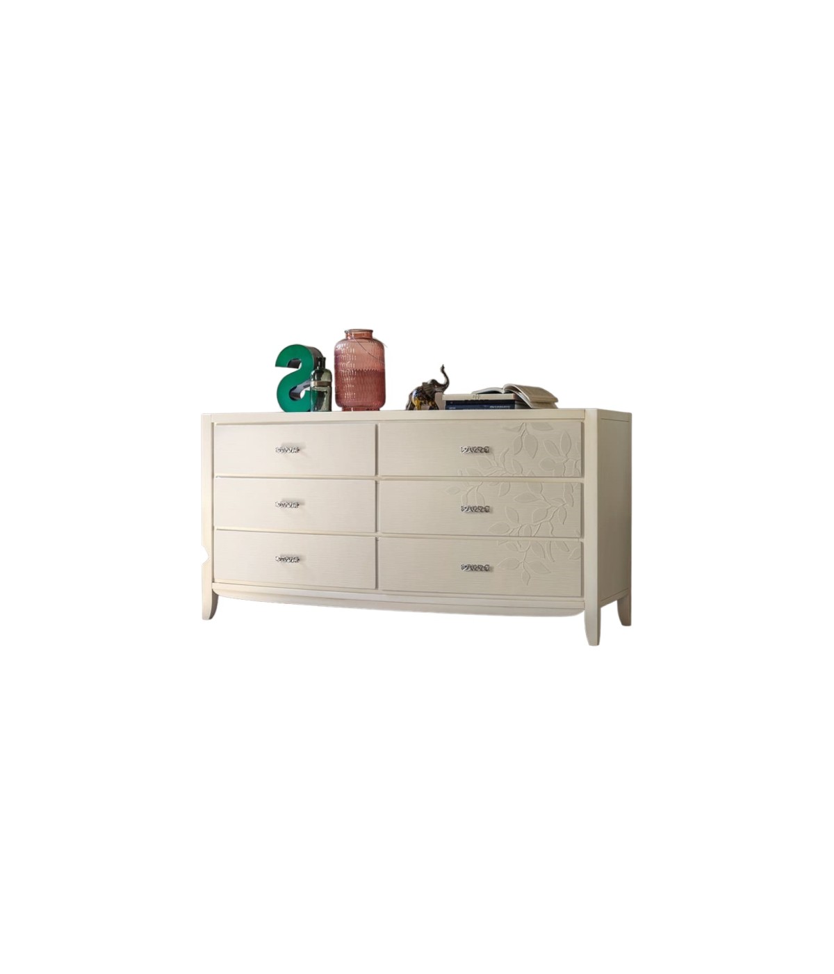 MOBILI 2G - CASSETTIERA 6 CASSETTI CON DECORO FOGLIA IN LEGNO MASSELLO L.180 P.56 H.90