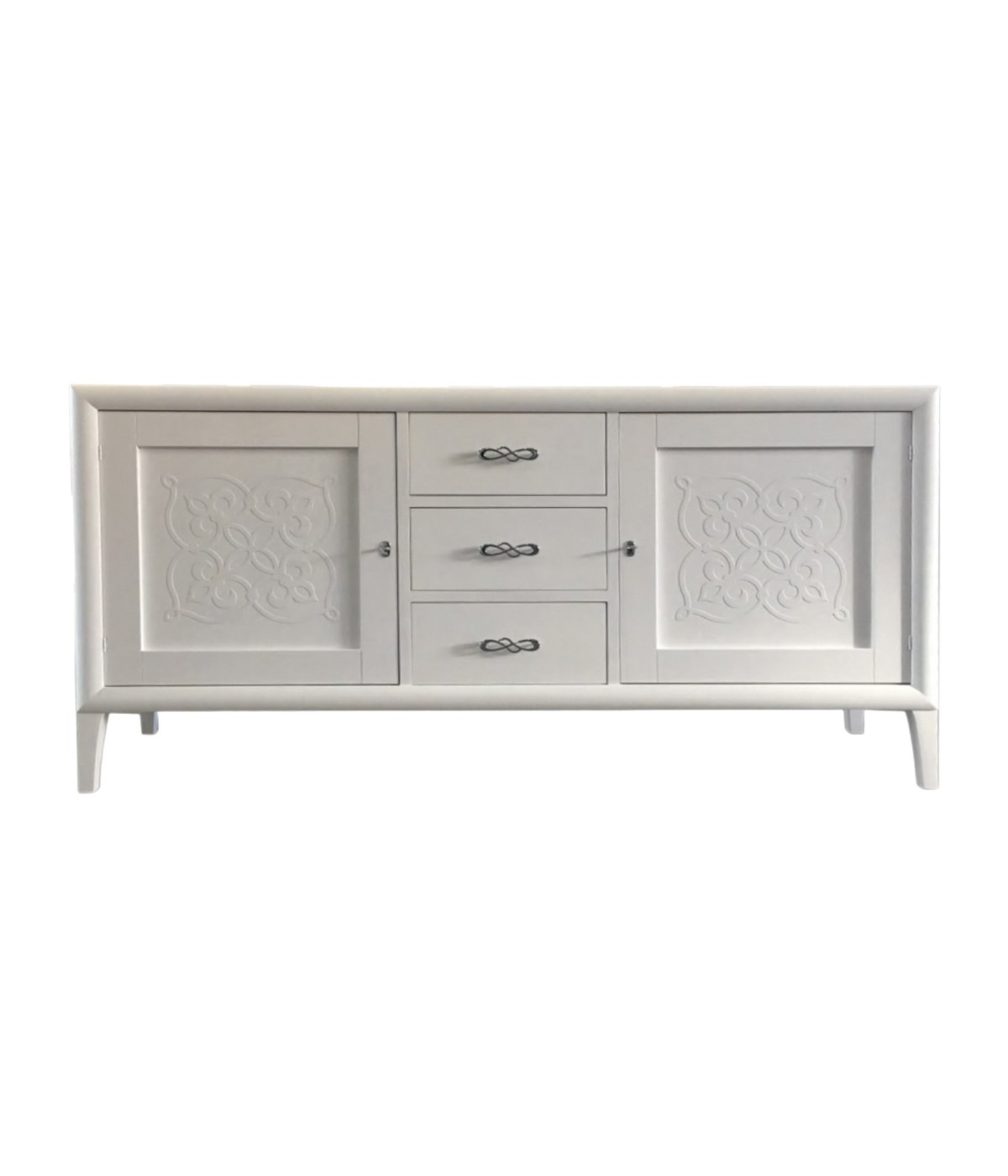 MOBILI 2G - CREDENZA CLASSICA DECORO IN LEGNO 2 PORTE 3 CASSETTI BIANCO 200X50X100