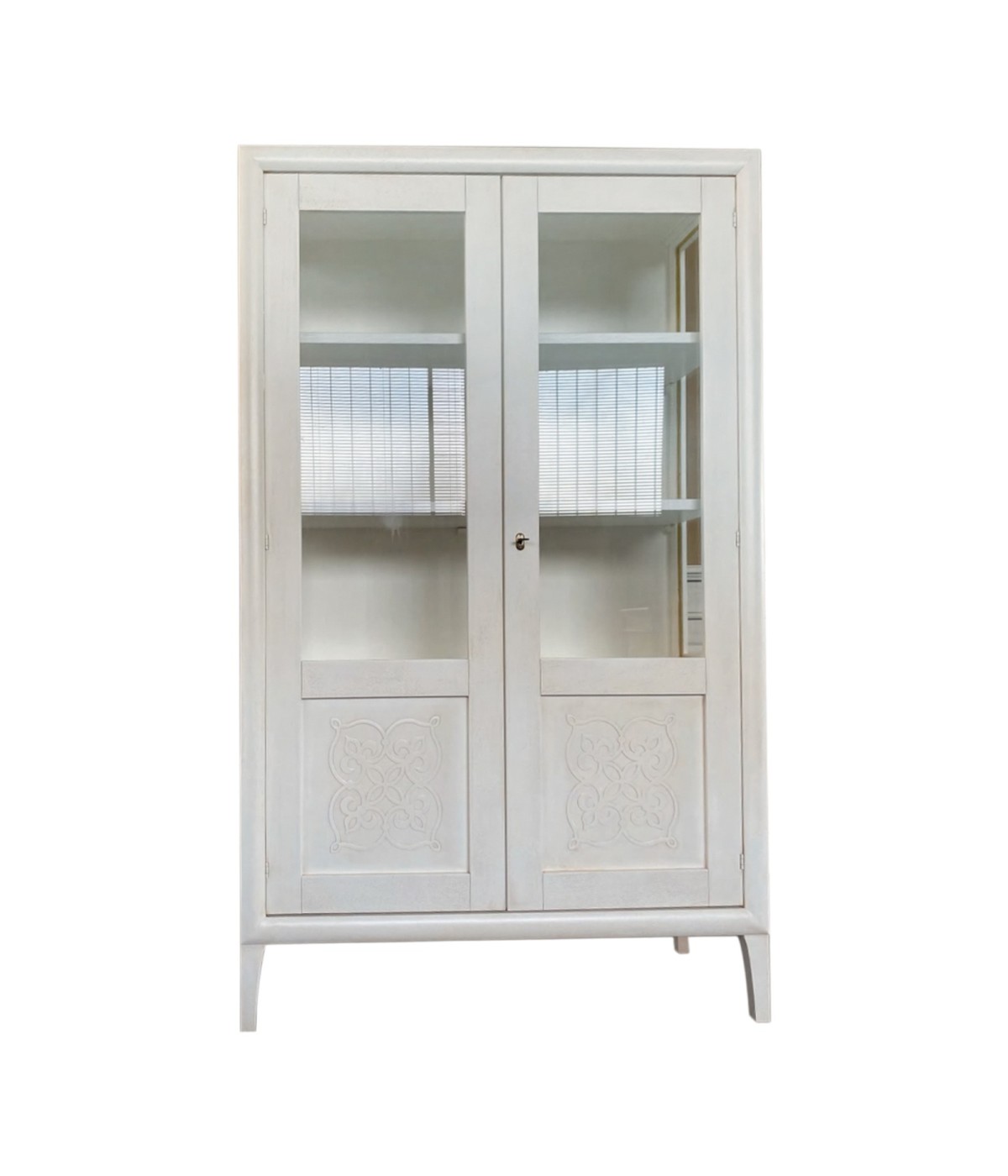 MOBILI 2G - VETRINA CLASSICA DECORO IN LEGNO 2 PORTE BIANCO INVECCHIATO 128X44X200