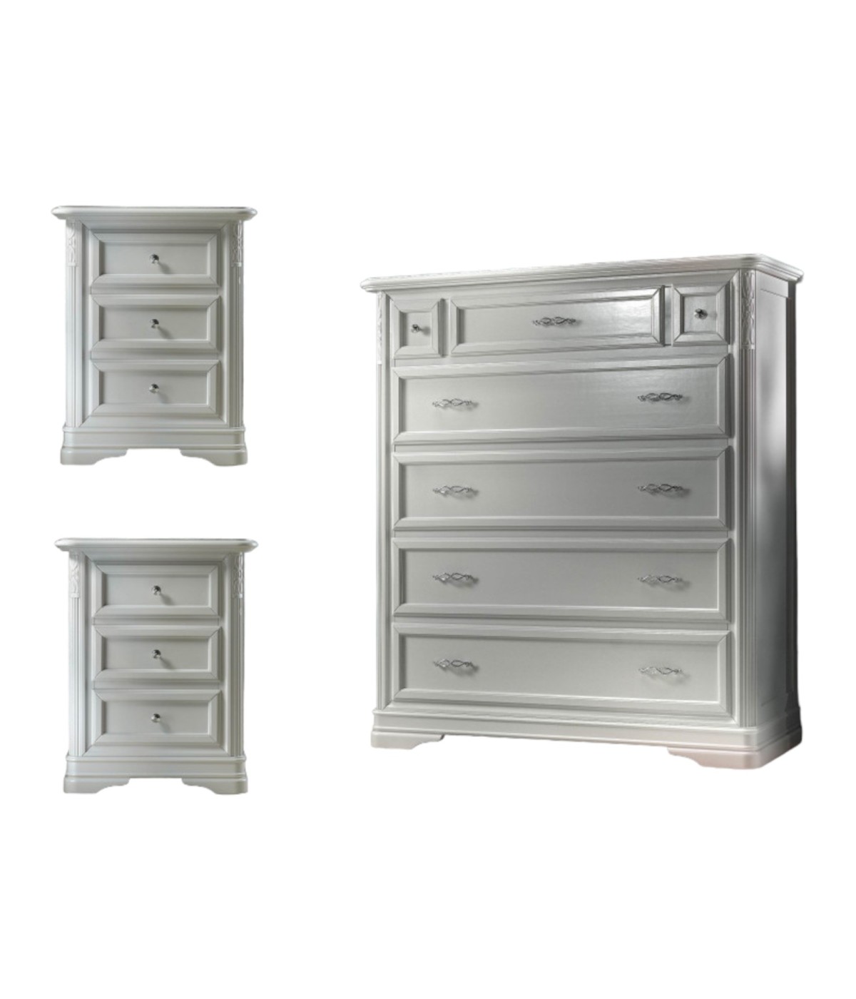 MOBILI 2G - GRUPPO 1 CASSETTIERA RIBALTA 2 COMODINI INTARSIATI IN LEGNO MASSELLO BIANCO