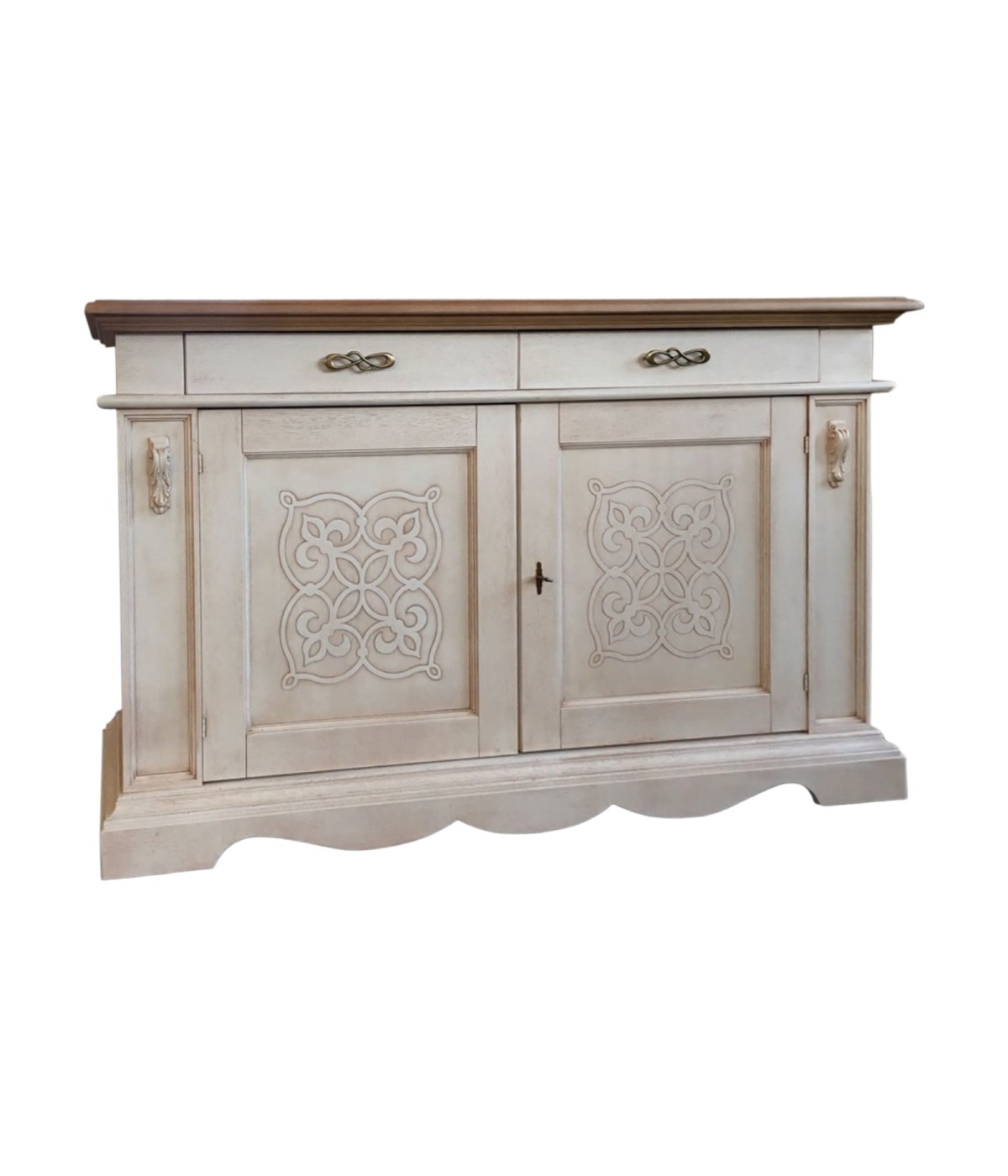 CREDENZA CLASSICA LEGNO 2 PORTE SHABBY BIANCO/NOCE 170X55X115
