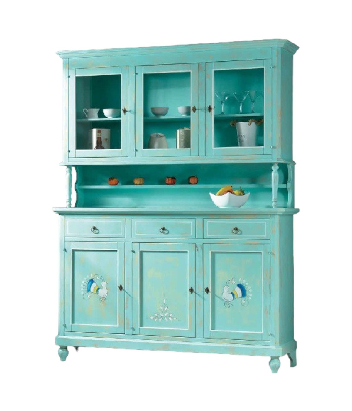 MOBILI 2G - CRISTALLIERA 3 PORTE 3 CASSETTI SHABBY VINTAGE VERDE CONSUMATO