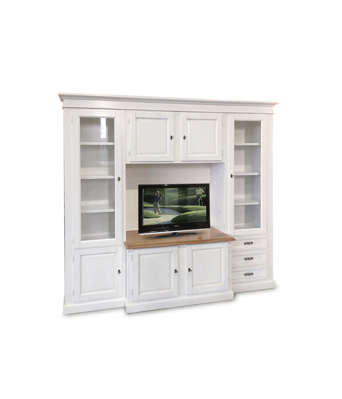 MOBILI 2G - PARETE ATTREZZATA PORTA TV CLASSICA IN LEGNO SHABBY BIANCO/NOCE 250x53x225