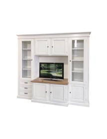 MOBILI 2G - PARETE ATTREZZATA PORTA TV CLASSICA IN LEGNO SHABBY BIANCO/NOCE 250x53x225