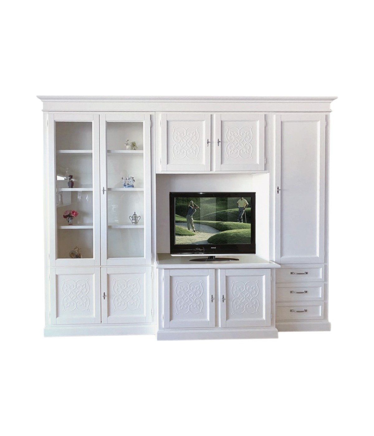 MOBILI 2G - PARETE ATTREZZATA PORTA TV CLASSICA IN LEGNO DECORO SHABBY BIANCO 300x53x225