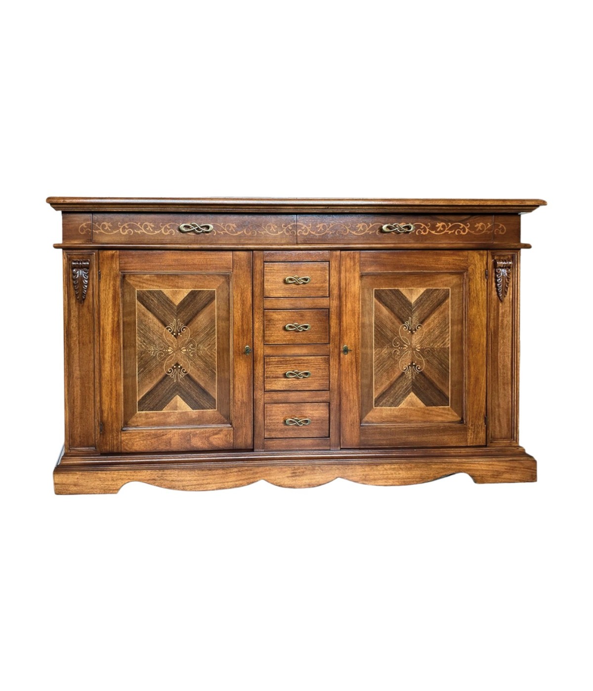 MOBILI 2G - CREDENZA CON INTARSIO IN LEGNO 2 PORTE 6 CASSETTI FINITURA BASSANO 210X55X115