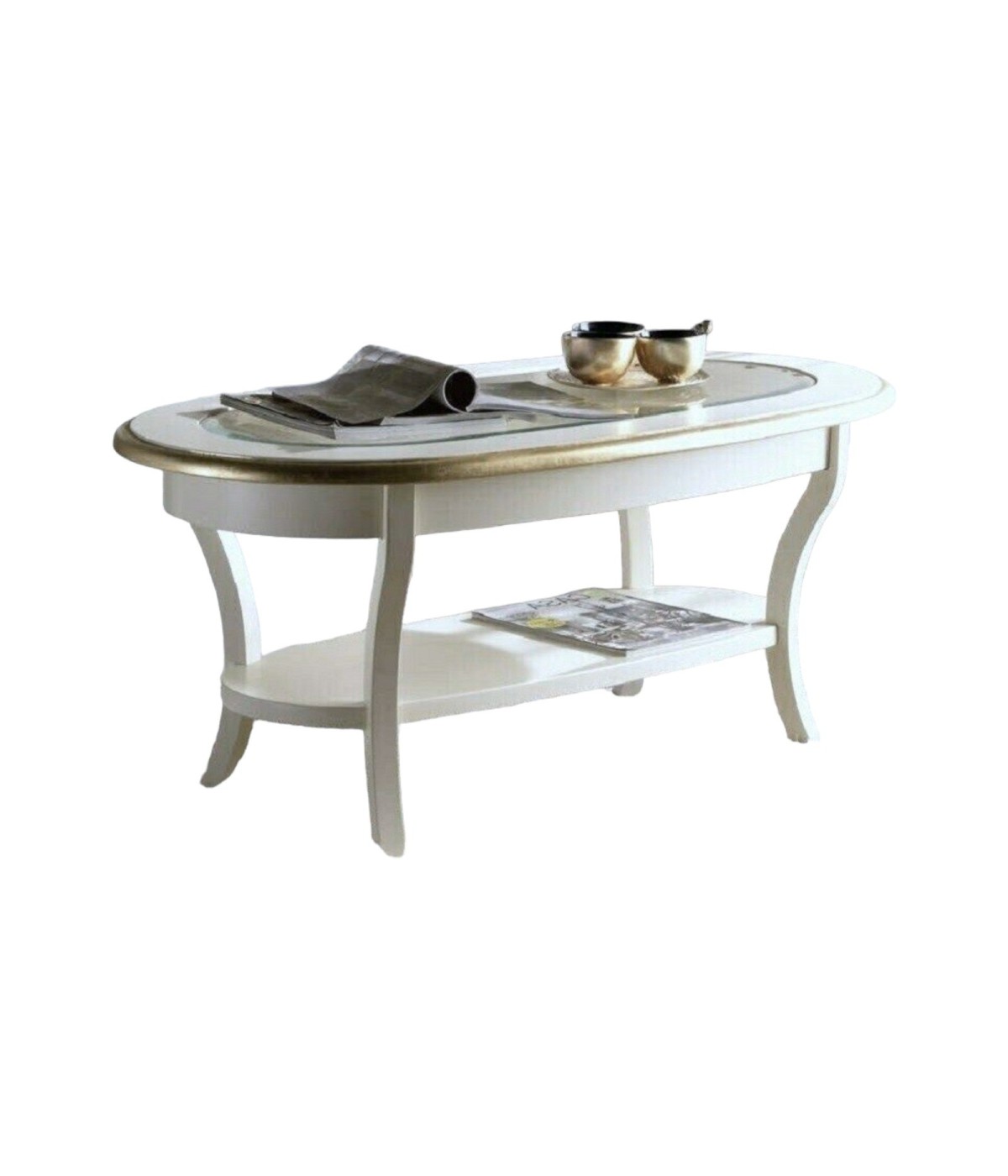 MOBILI 2G - TAVOLINO CLASSICO OVALE VETRO IN LEGNO BIANCO/AVORIO ORO L.110 P.60 H.48