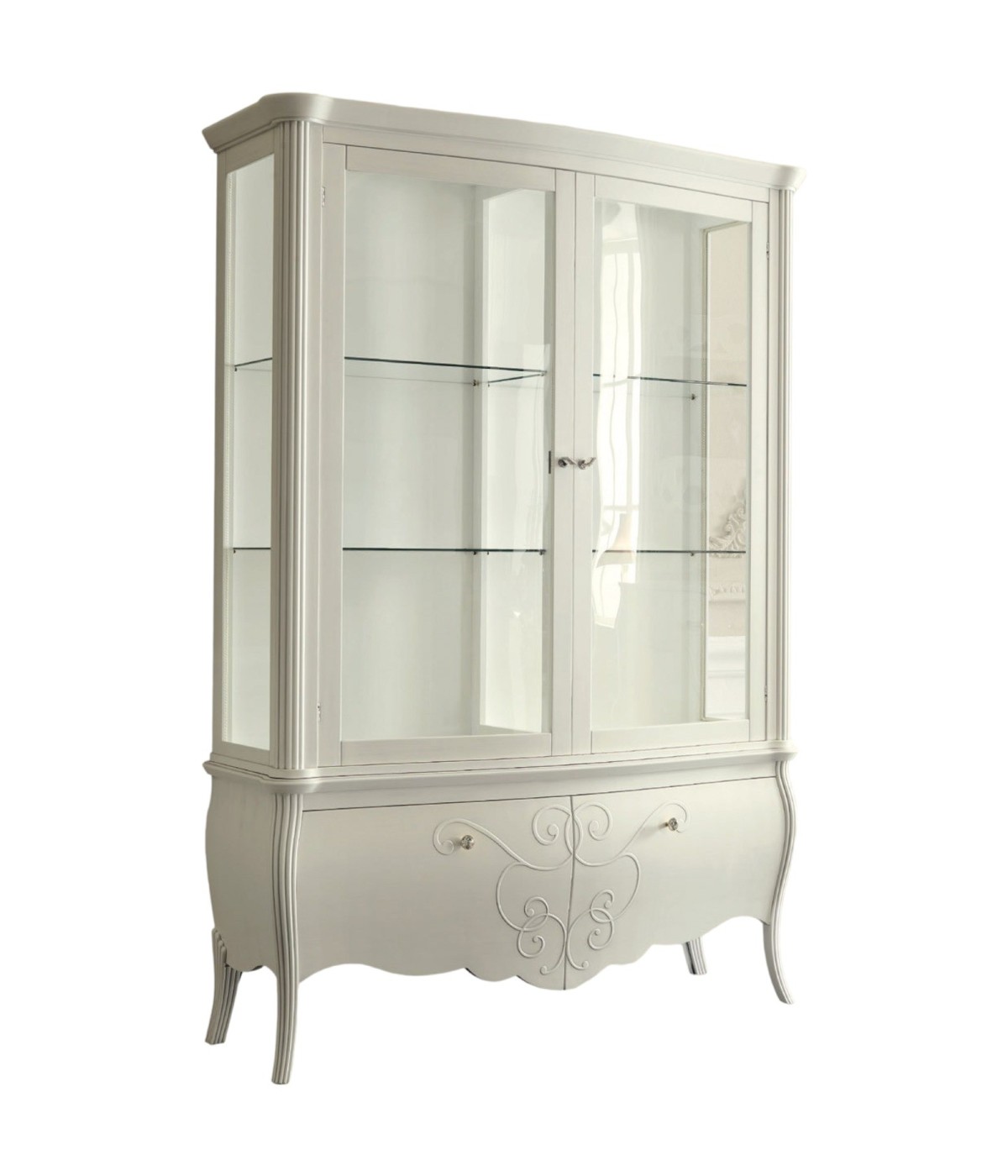 MOBILI 2G - VETRINA IN LEGNO CLASSICA SHABBY 2 PORTE BIANCA L.150 P.50 H.216
