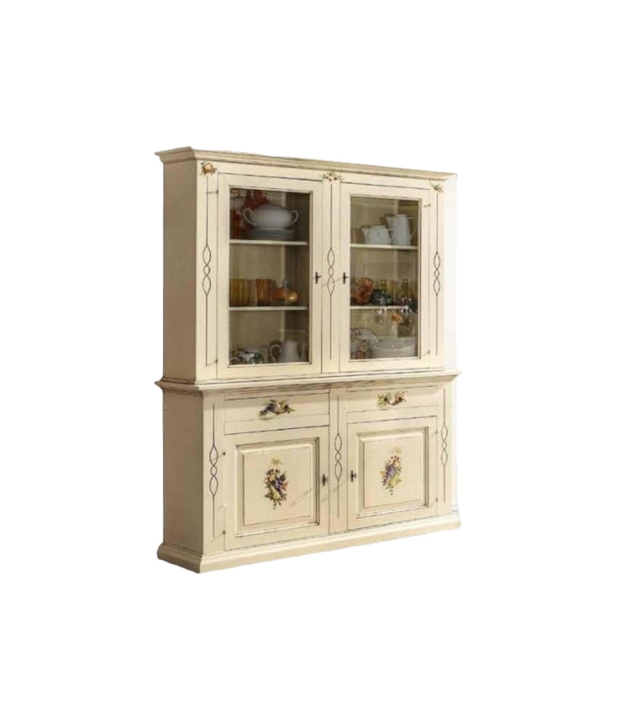 MOBILI 2G - CRISTALLIERA SHABBY AVORIO PENNELLATO DECORI 168x48x222 vista frontale