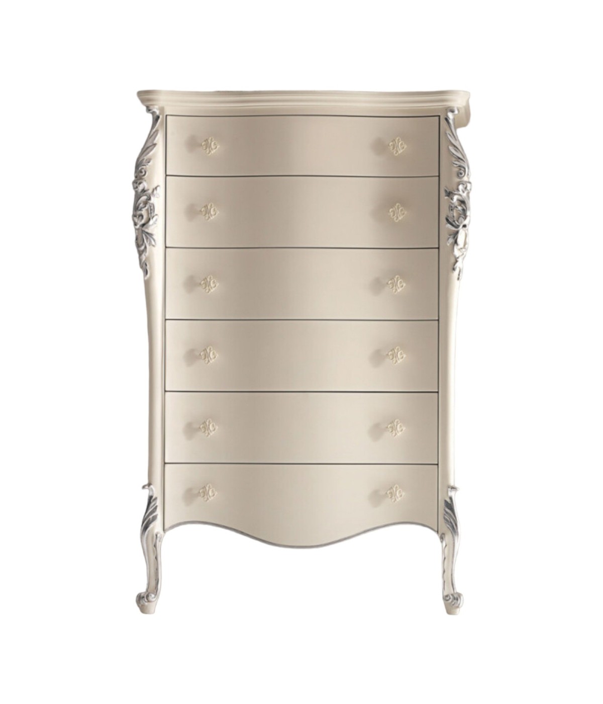 MOBILI 2G - CASSETTIERA CLASSICA SAGOMATA 6 CASSETTI IN LEGNO BIANCO ARGENTO L.86 P.47 H.132