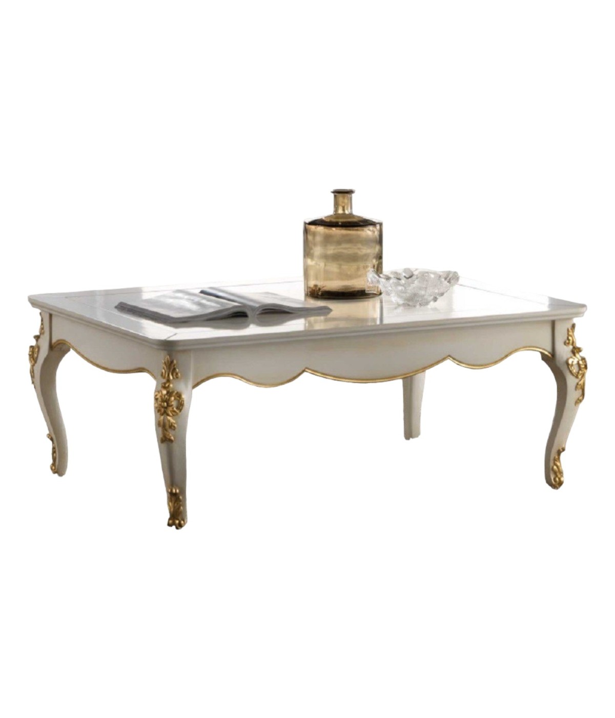 MOBILI 2G - TAVOLINO SHABBY IN LEGNO BIANCO/DECORI ORO L.120 P.80 H.48