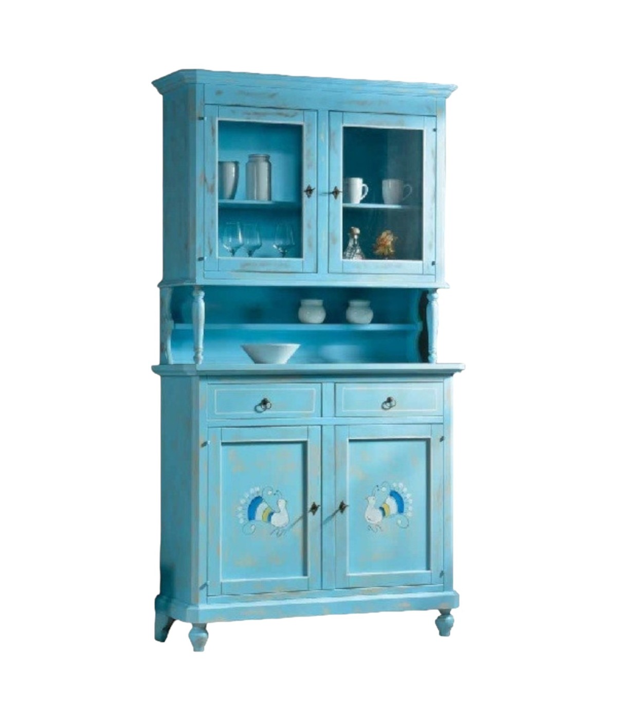 CRISTALLIERA 2 PORTE SHABBY VINTAGE AZZURRO CONSUMATO 112x49x206