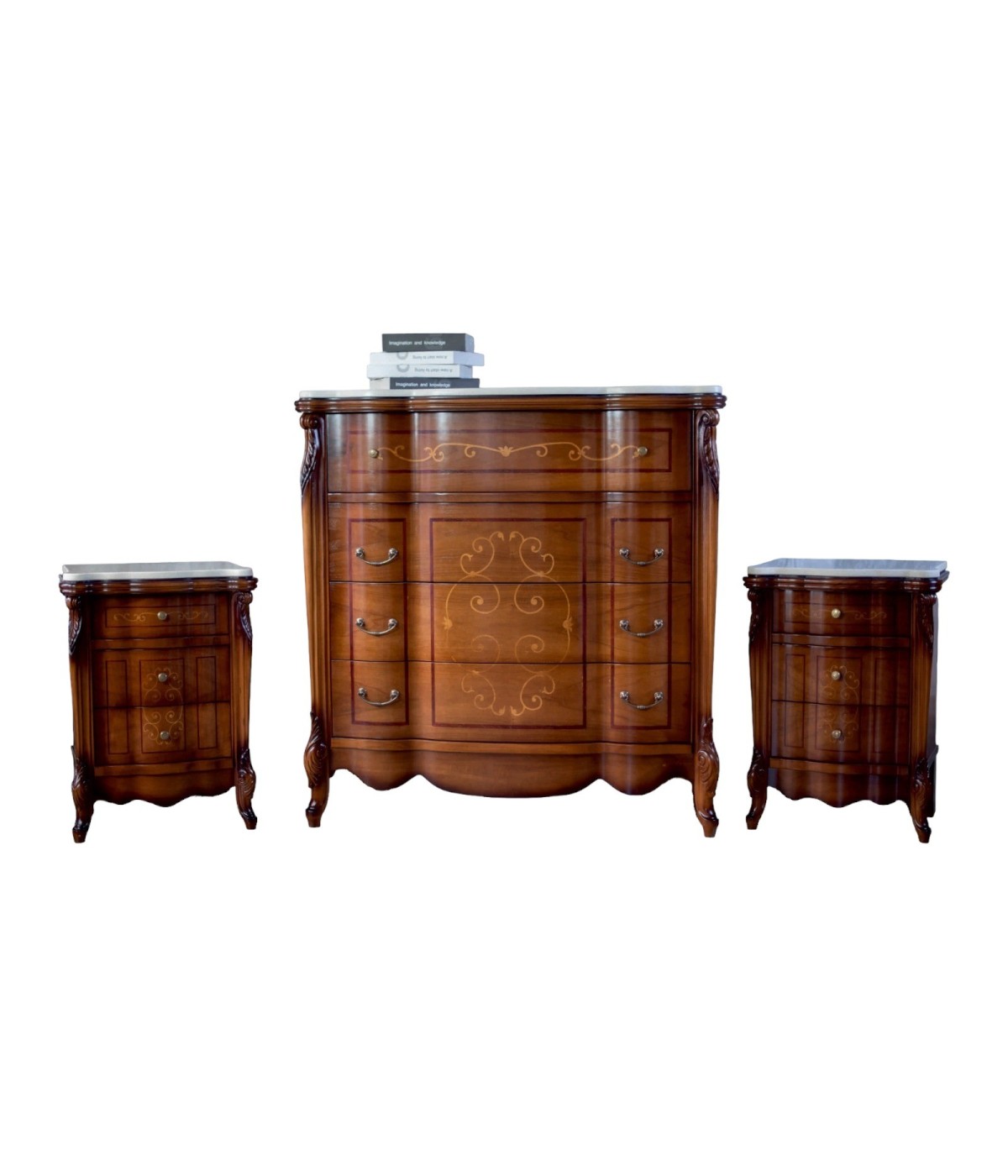 MOBILI 2G - GRUPPO COMO' 2 COMODINI BAROCCO IN LEGNO TINTA NOCE PIANO MARMO