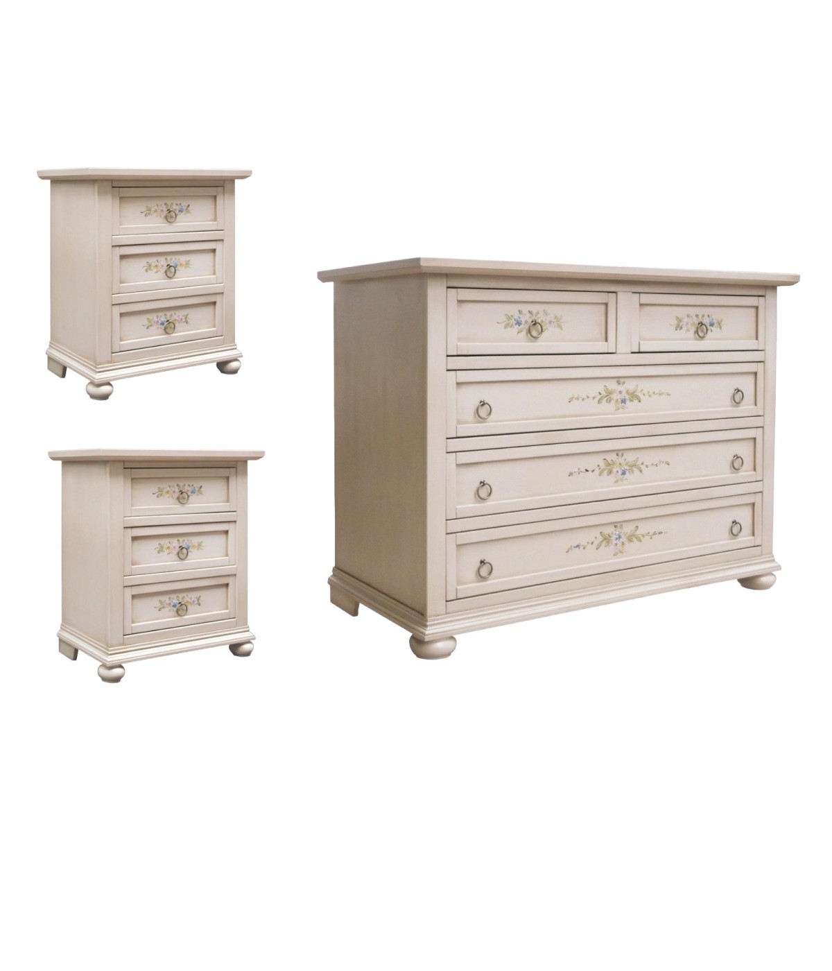 MOBILI 2G - GRUPPO COMO' 2 COMODINI ARTE POVERA LEGNO AVORIO PATINATO CON DECORI