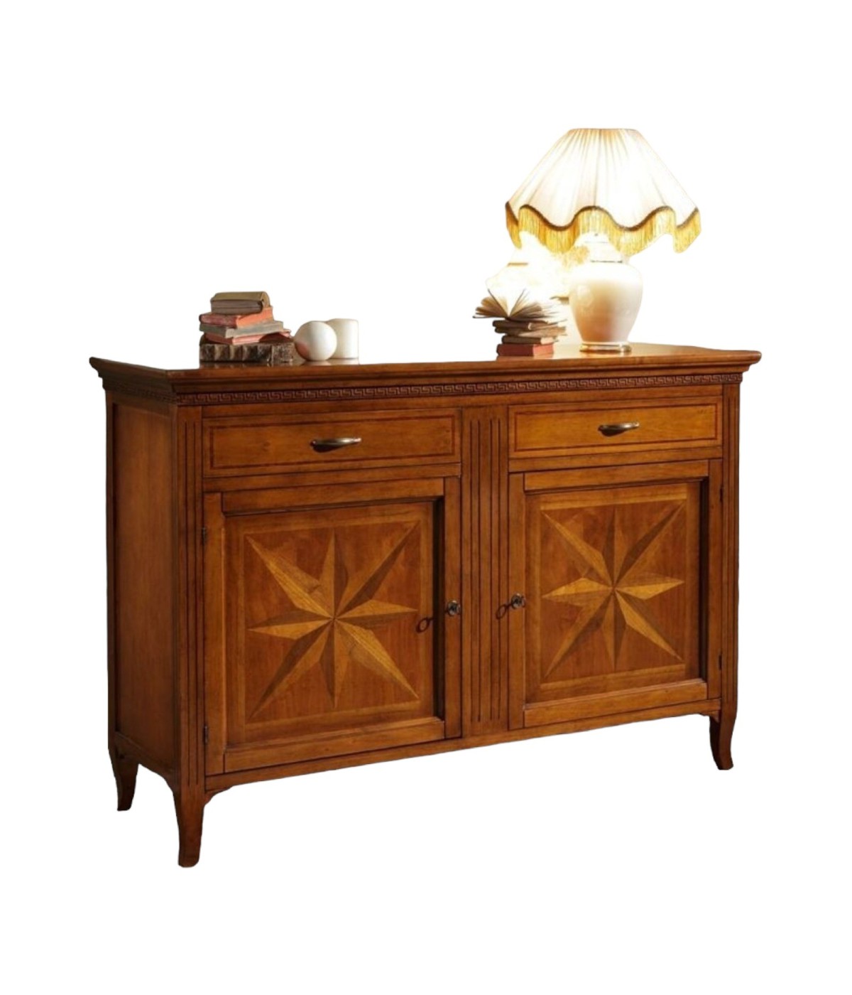 MOBILI 2G - MADIA CREDENZA IN LEGNO MASSELLO 2 PORTE 2 CASSETTI CON INTARSIO L.160 P.55 H.112 vista frontale
