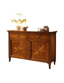 MOBILI 2G - MADIA CREDENZA IN LEGNO MASSELLO 2 PORTE 2 CASSETTI CON INTARSIO L.160 P.55 H.112 vista frontale