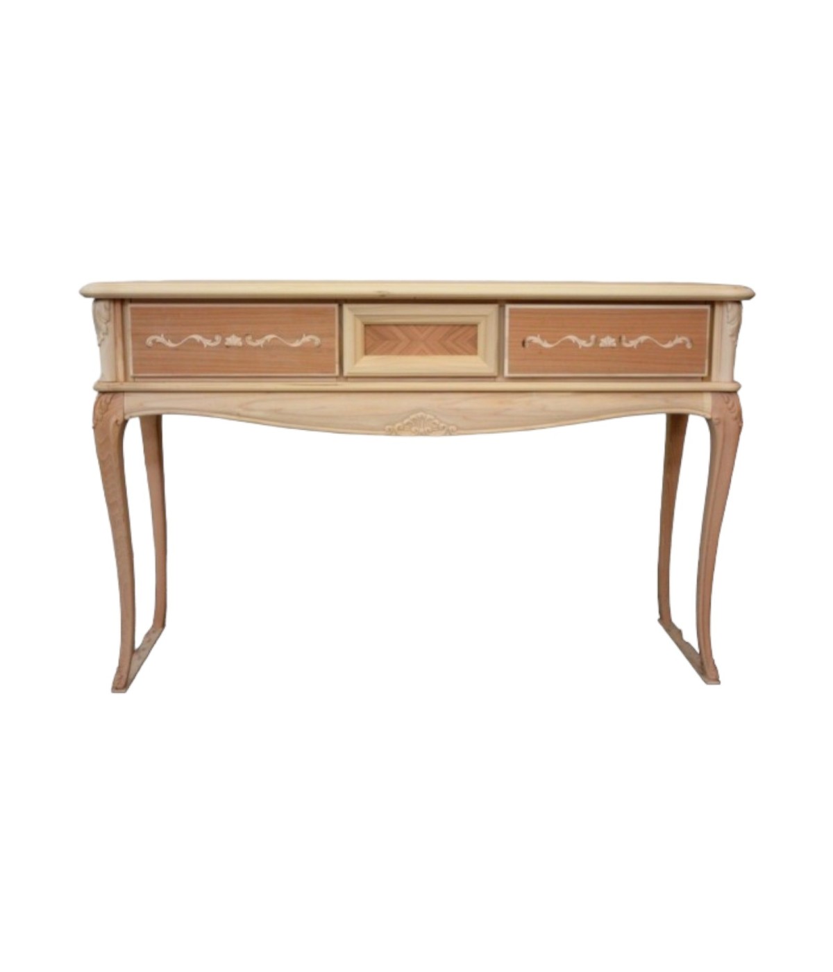 MOBILI 2G - CONSOLLE CLASSICA 3 CASSETTI INTARSIATA LEGNO GREZZO L.131 P.39 H.81