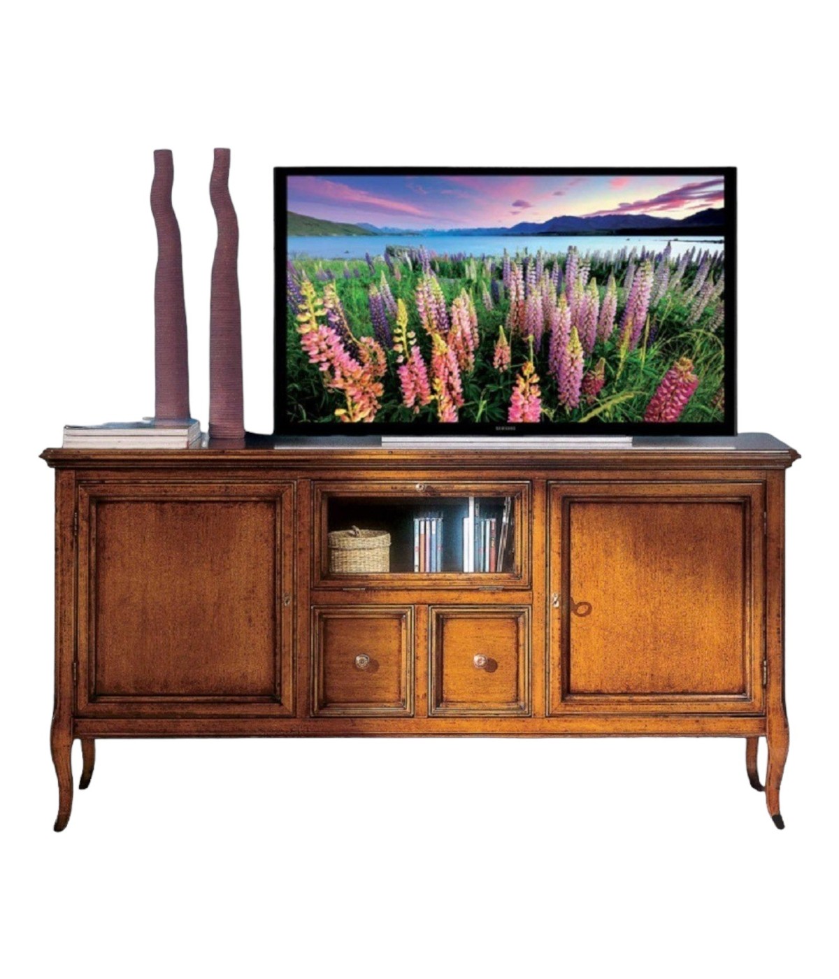 MOBILI 2G - PORTA TV CLASSICO IN LEGNO 2 PORTE 2 CASSETTI FINITURA BASSANO L.140 P.45 H.70